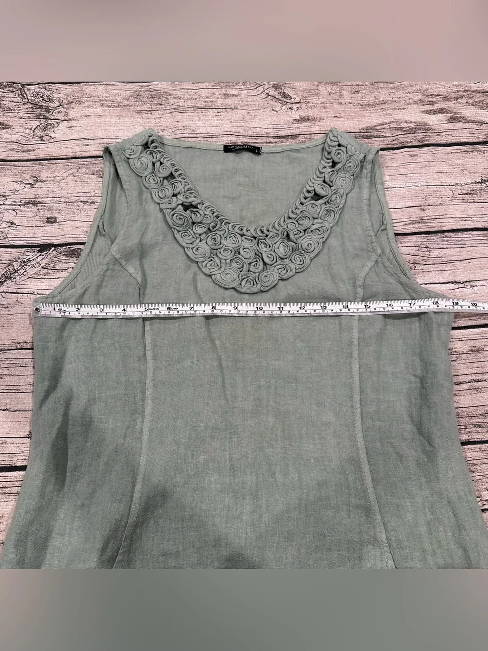 Lungo L’Arno Sleeveless Linen Blend Mini Dress Textured Neckline in Sage Green L - Picture 3 of 9